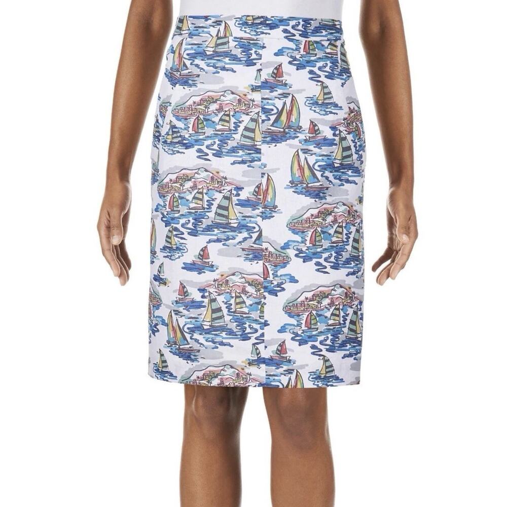 Nine West Pencil Skirt Nautical Sailboat Print Linen Cotton Blend Size XL